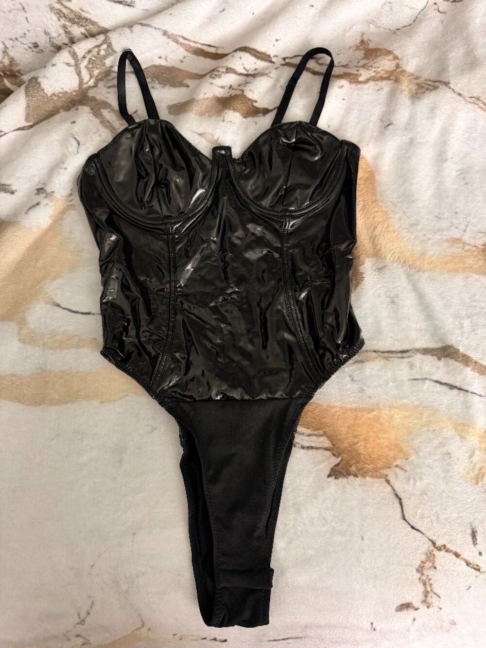 Sexy and Chic Women’s Black Underwired One-Piece Wet Look Bodysuit, size S/M
